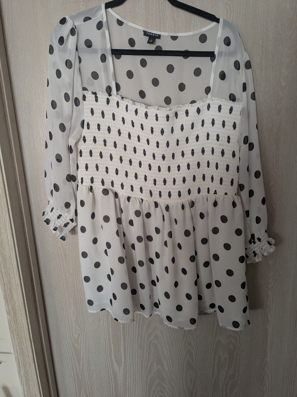 torrid White and Black Polka Dot Smocked Peplum Blouse